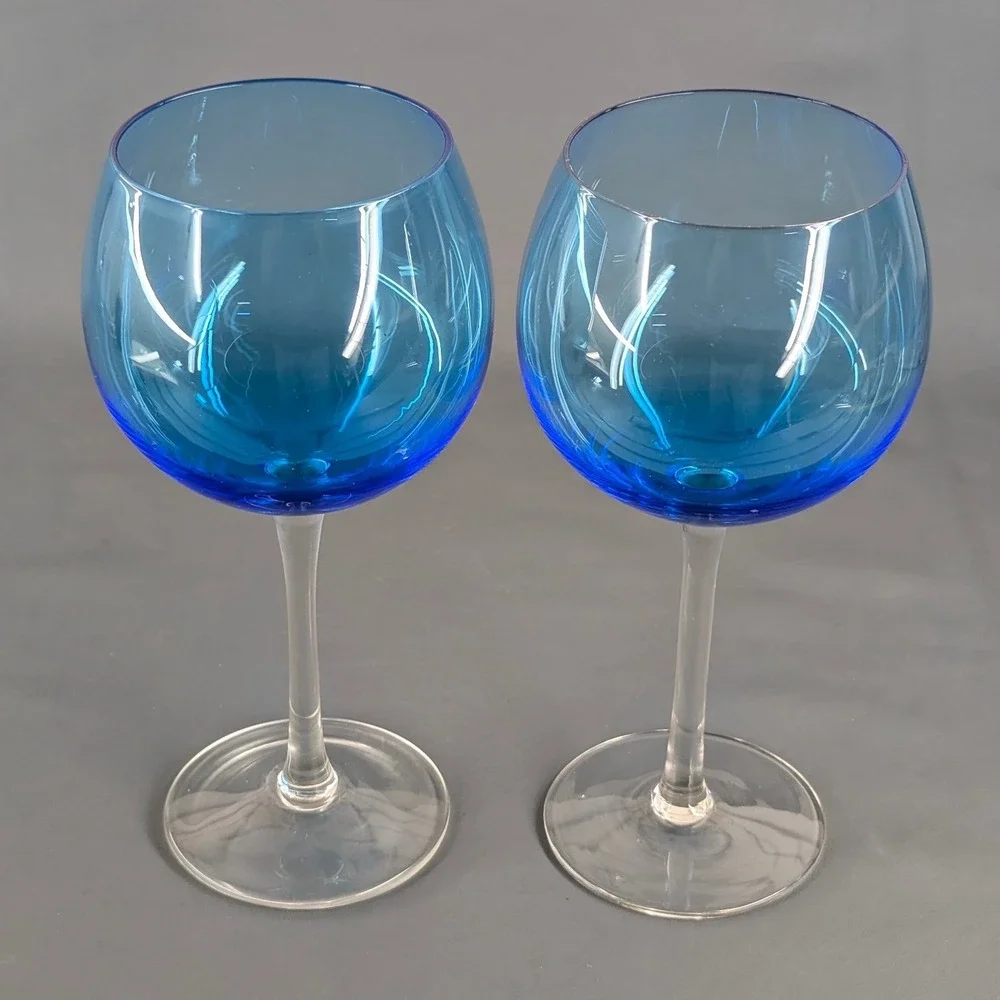 Set of 2 Blue Balloon Wine Glasses Clear Stem 8.75